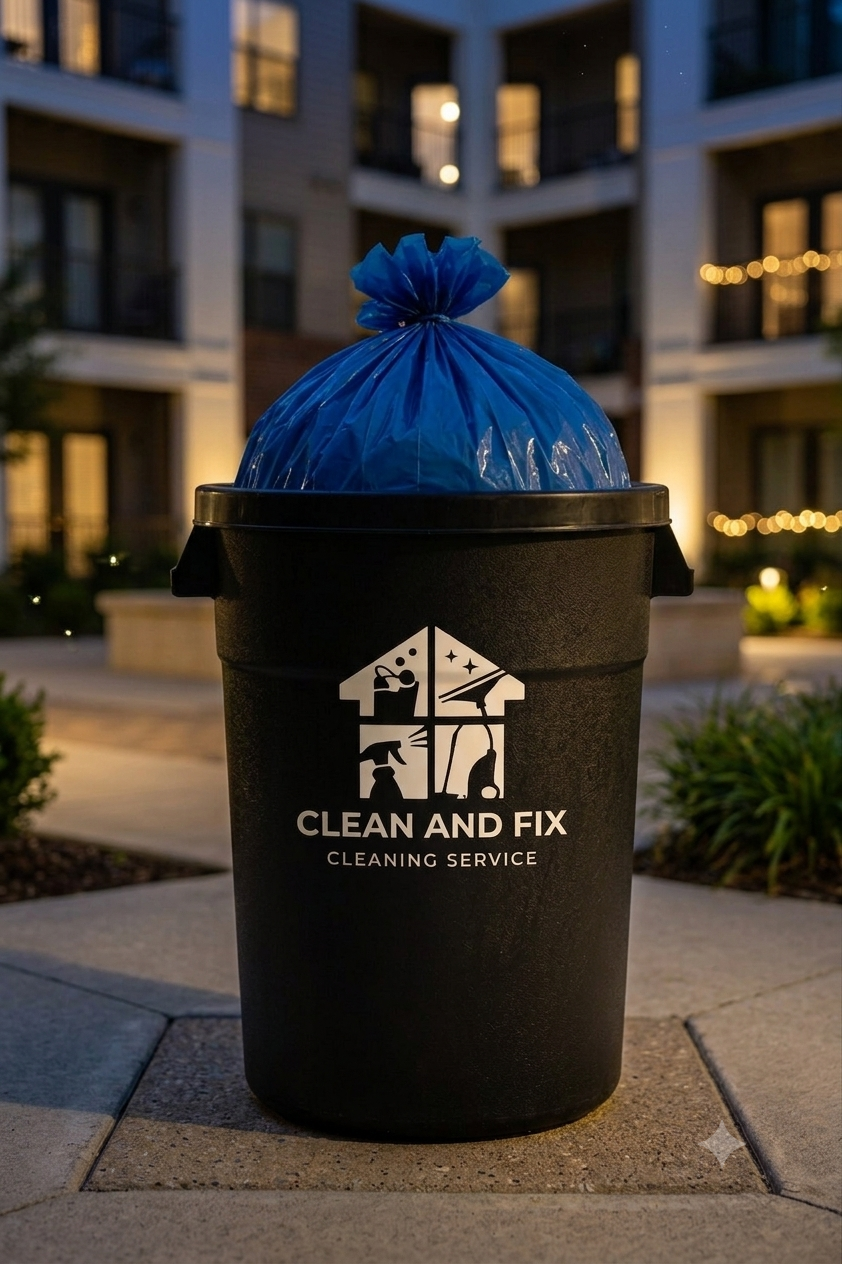 Clean and Fix branded trash bin outside an apartment community at dusk